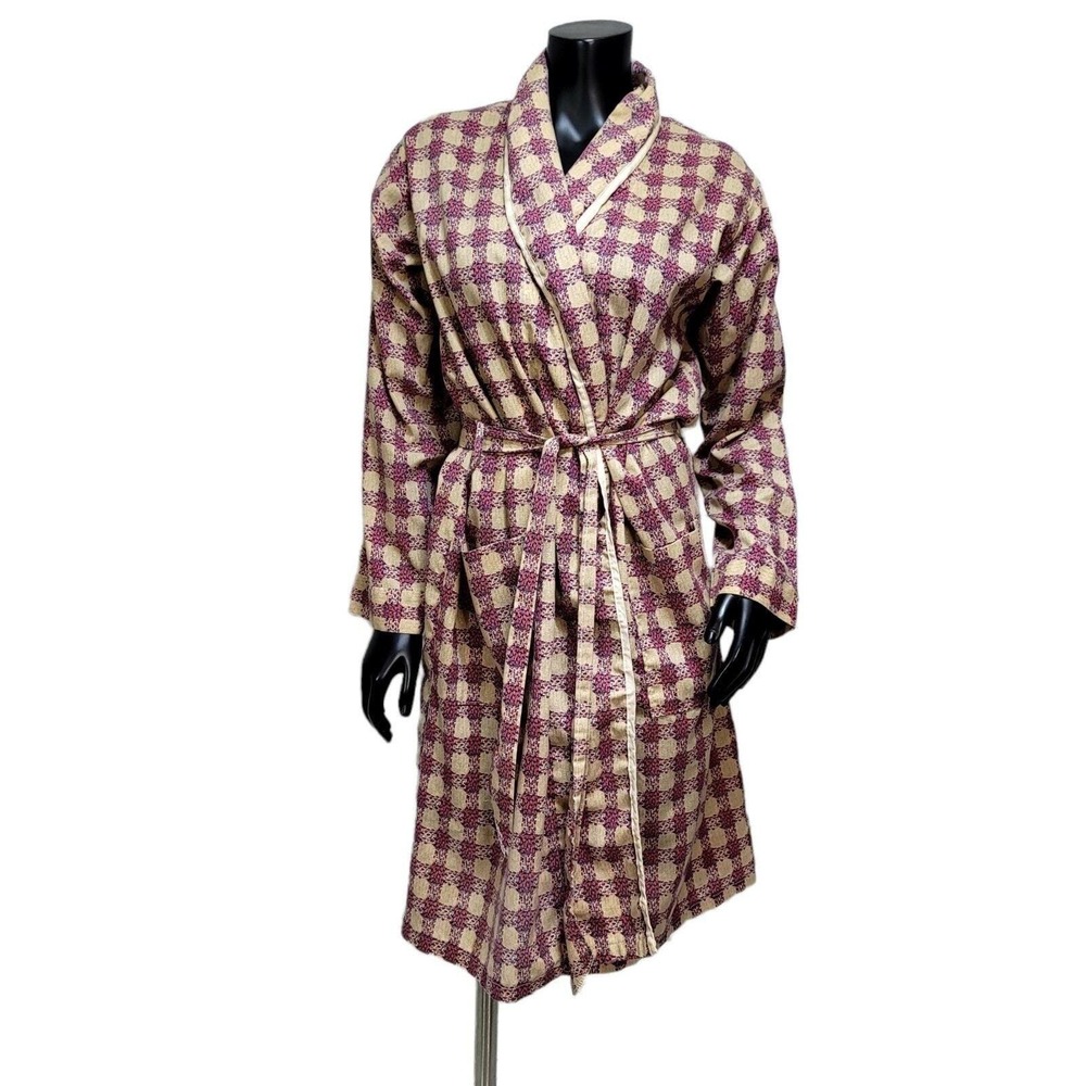 Vintage Robert Lewis Mens S Robe Burgundy Tan Geometric Check Wrap‎ Shawl 70s
